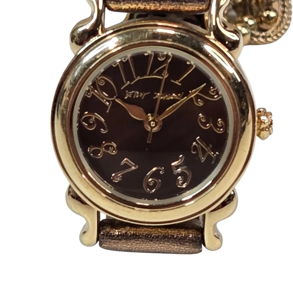 Betsey Johnson Watch Reversible Strap Goldtone Metal Brown Face Leopard Print